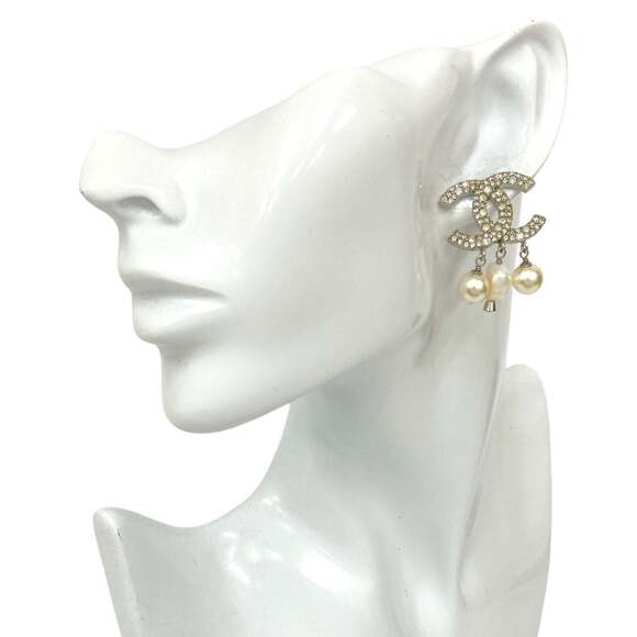 CHANEL Silver Pearl Logo Earrings